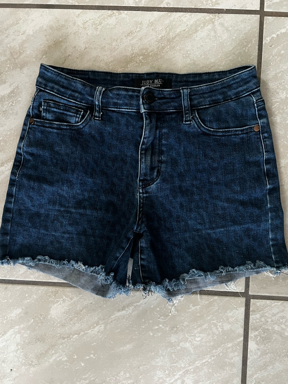 Judy Blue Dark Indigo Frayed Hem Denim Shorts